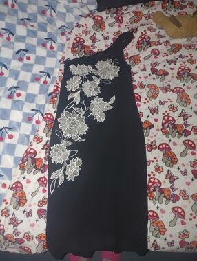 White House Black Market Black One-Shoulder Dress with White Floral Appliqué